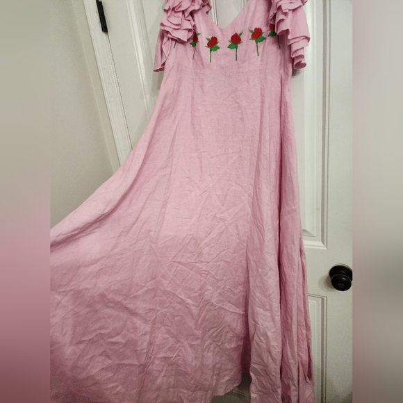 FANM MON Aster Pink DemreLinen Embroidered Maxi DressRuffle Sleeve NWT - Picture 3 of 16